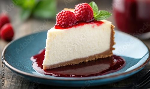 A slice of cheesecake with raspberries and mint on top