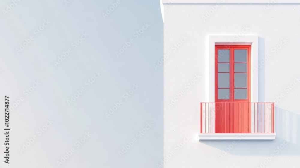 Minimalist monochromatic design with a red door and balcony on a white building under natural light Minimalist monochromatic design with a red door and balcony on a white building under natural light
