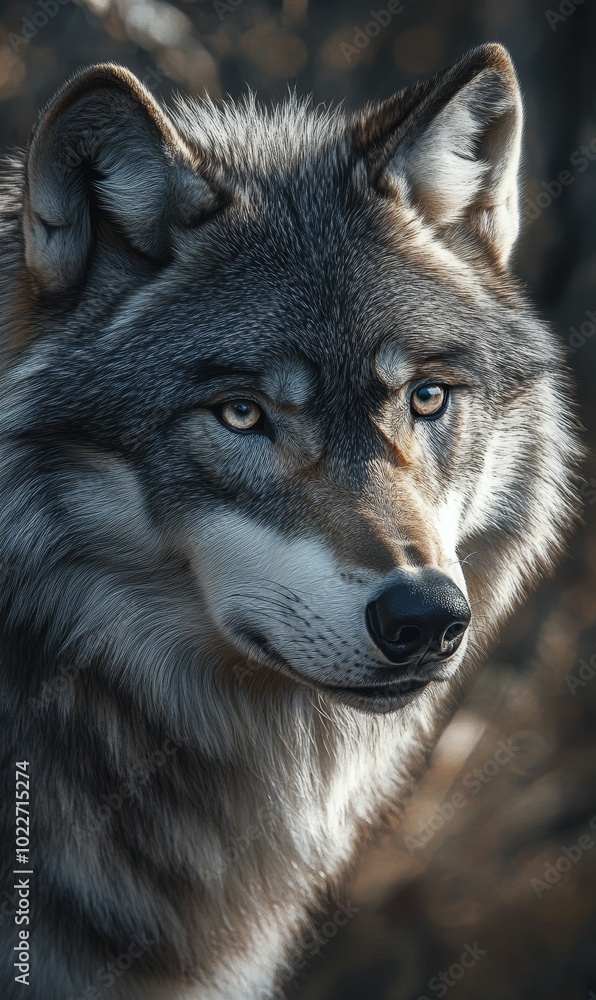 A wolf's head with intense yellow eyes. A wolf's head with intense yellow eyes.