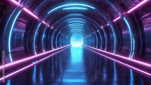 Blue Neon Light Endless Tunnel Path