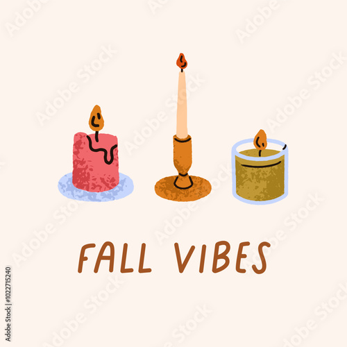 Candles, fall mood, card design. Cozy candlelight, warm seasonal decoration. Hygge time, autumn comfort vibe with homey light, warmth decor, square postcard background. Flat vector illustration