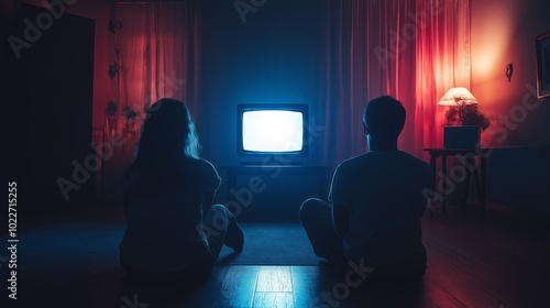 two people sitting in a dark room staring at a television that shining brightly