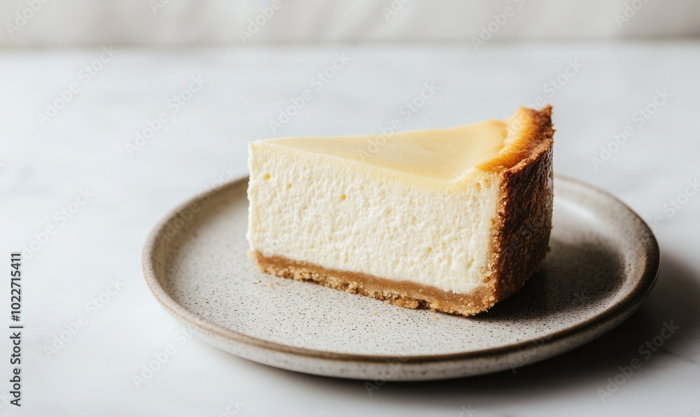 A slice of cheesecake is on a white plate A slice of cheesecake is on a white plate