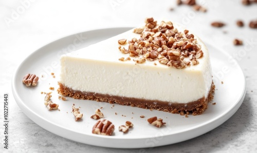 A slice of cheesecake with nuts on top