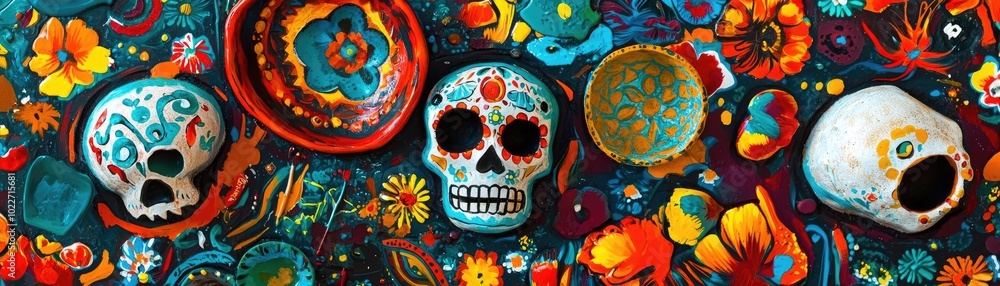 Obraz premium Vibrant decorative skulls surrounded by colorful flowers, reflecting traditional art and culture.