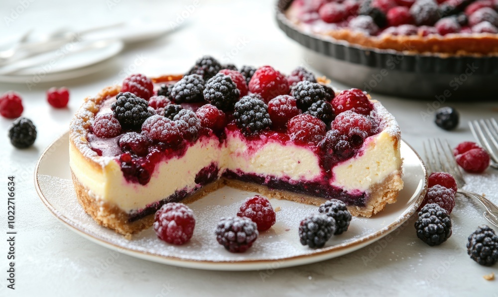 A slice of cheesecake with blackberries and raspberries on top A slice of cheesecake with blackberries and raspberries on top