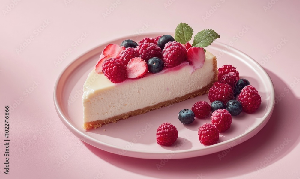 A slice of cheesecake with blueberries and raspberries on top of a pink plate A slice of cheesecake with blueberries and raspberries on top of a pink plate