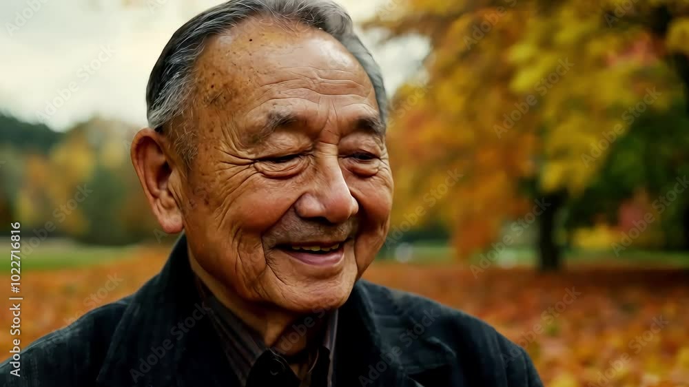 Smiling elderly Asian man with weathered skin sits on a park bench surrounded by autumn leaves, wearing a tattered coat and holding a small cup, looking at the camera Smiling elderly Asian man with weathered skin sits on a park bench surrounded by autumn leaves, wearing a tattered coat and holding a small cup, looking at the camera