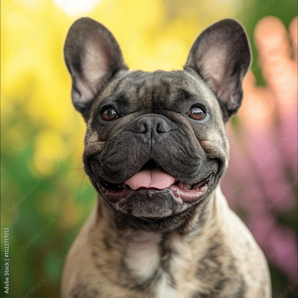 Adorable French Bulldog with a cheerful expression in a colorful natural background portrait Adorable French Bulldog with a cheerful expression in a colorful natural background portrait