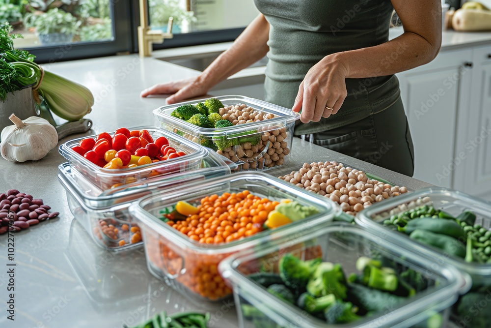 young woman and plastic containers with vegetables for freezing on table in kitchen young woman and plastic containers with vegetables for freezing on table in kitchen