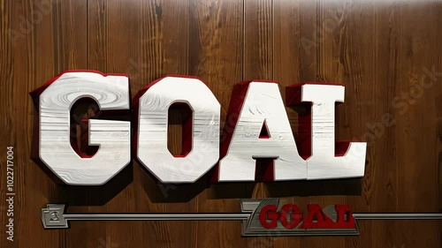Word GOAL in varsity style, written in white with a red outline, displayed on a wooden homogeneous background resembling a locker room wall, representing motivation and the pursuit of athletic achieve