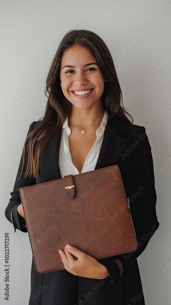 Happy and confident hispanic woman with a dark brown document case in her hand against White wall waiting in formal dress in office environment, Best Job Candidate Happy and confident hispanic woman with a dark brown document case in her hand against White wall waiting in formal dress in office environment, Best Job Candidate