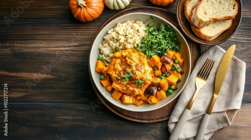 A flat-lay of a seasonal autumn meal on a rustic wooden table