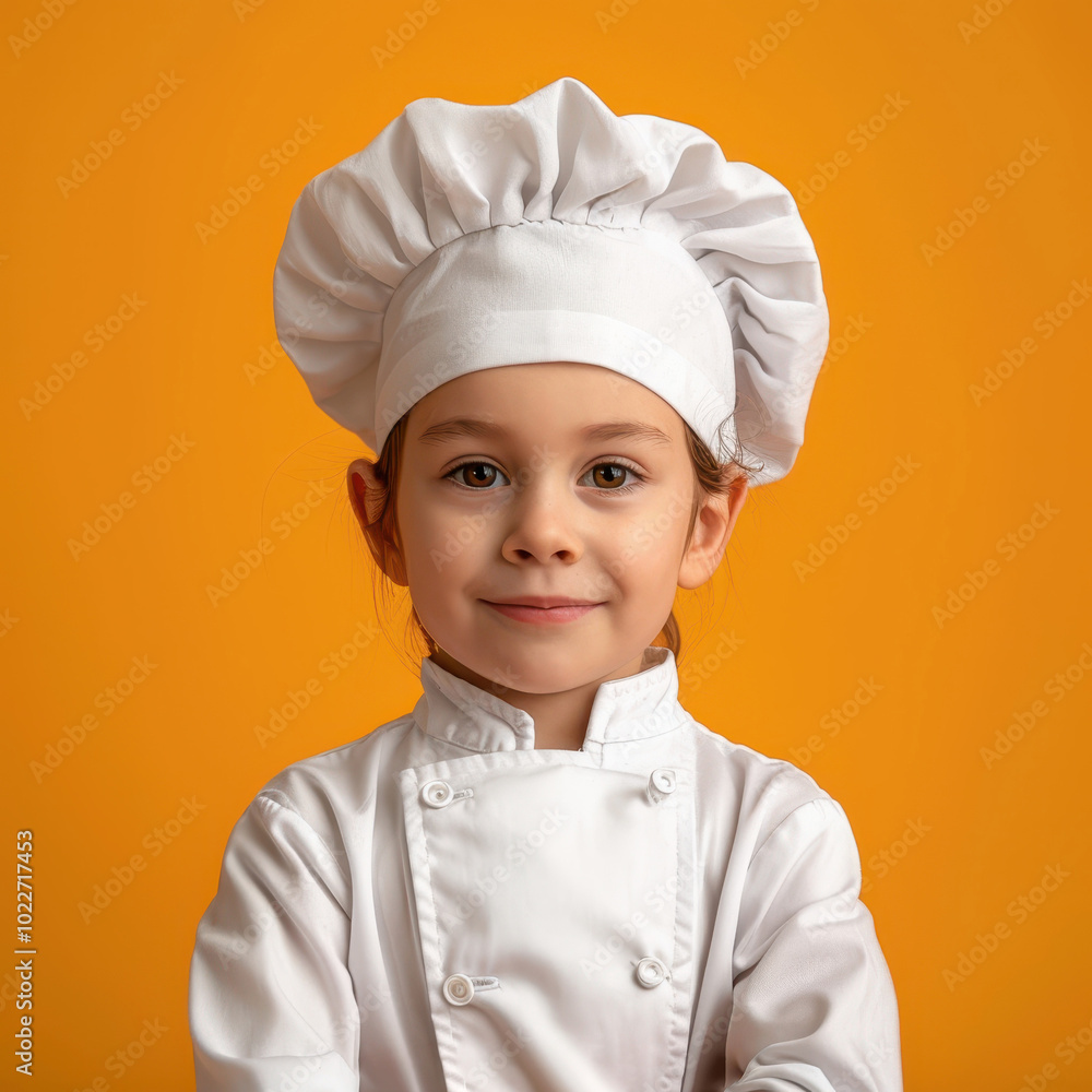 Medium shot of a child dressed in a chef's uniform against an orange background