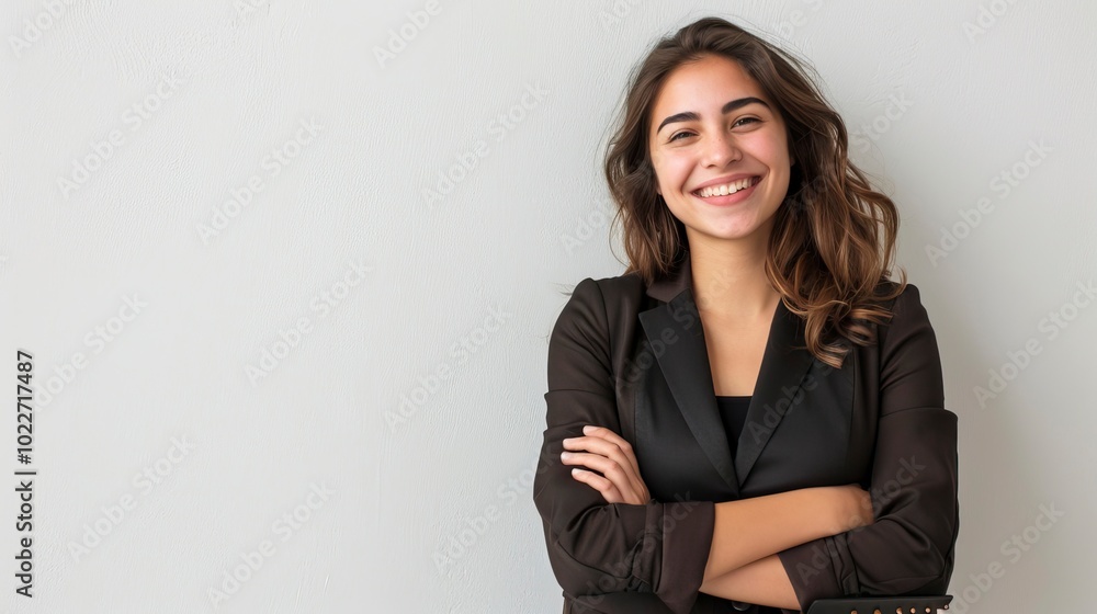 Happy and confident hispanic woman with a dark brown document case in her hand against White wall waiting in formal dress in office environment, Best Job Candidate Happy and confident hispanic woman with a dark brown document case in her hand against White wall waiting in formal dress in office environment, Best Job Candidate
