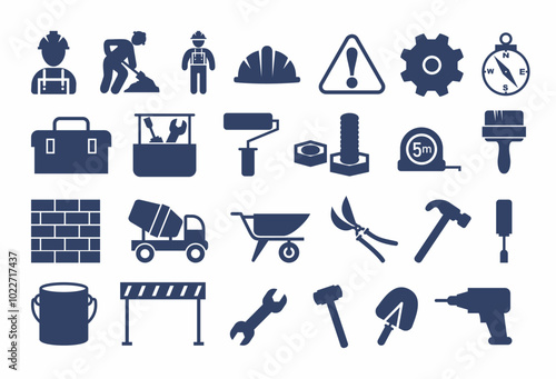 Construction icon. Man at construction work doodle. 
