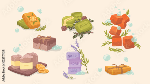 Bar of soap with foam set in cartoon style. Cosmetic product for hygienic