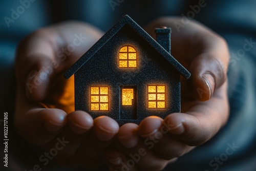 Hands holding a small house model with glowing windows.