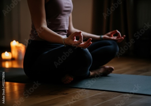 Serenity in yoga practice with candlelit meditation ambiance