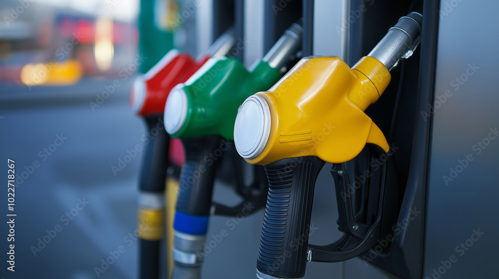 Different colored gasoline nozzles indicating various octane levels at a fuel station.