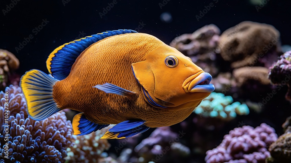 Close-up of a brightly colored marine fish with blue and yellow hues swimming among coral reefs in an aquarium. Close-up of a brightly colored marine fish with blue and yellow hues swimming among coral reefs in an aquarium.