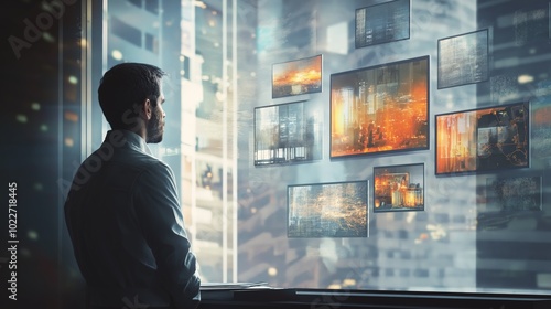 A business owner from the side, and contemplatively looking out of a window, with images of the busines's past milestones