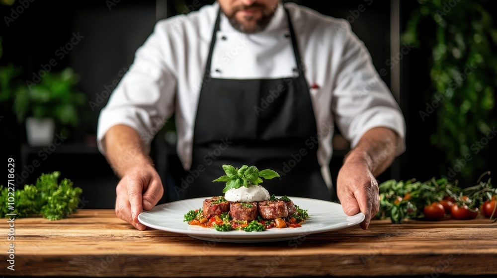 A chef presents a beautifully plated dish garnished with fresh herbs, showcasing culinary artistry in a vibrant kitchen setting. A chef presents a beautifully plated dish garnished with fresh herbs, showcasing culinary artistry in a vibrant kitchen setting.