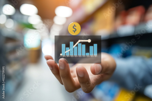 Hand Holding Graph with Percentage and dollar sign for Shopping Discounts and Interest Rate Adjustments. Generative AI