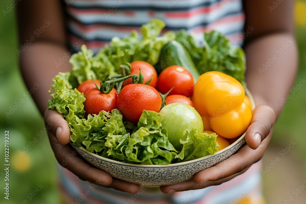 Child's hands holding a bowl of fresh vegetables. Child's hands holding a bowl of fresh vegetables.