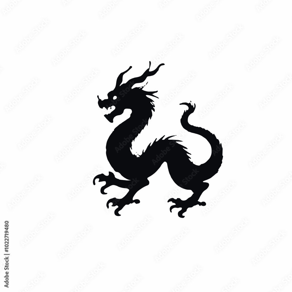 A black silhouette of a Chinese dragon with a long serpentine body, horns, and claws A black silhouette of a Chinese dragon with a long serpentine body, horns, and claws