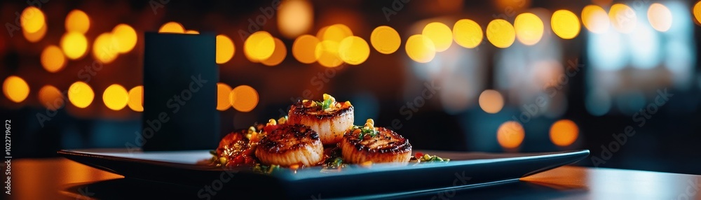 A beautifully presented gourmet dish sits on a plate, illuminated by soft ambient lights, creating an inviting and elegant dining atmosphere. A beautifully presented gourmet dish sits on a plate, illuminated by soft ambient lights, creating an inviting and elegant dining atmosphere.
