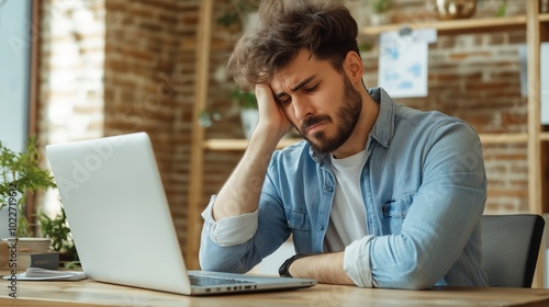 Side profile view angry ashamed guy slaps face sitting at office desk with laptop.