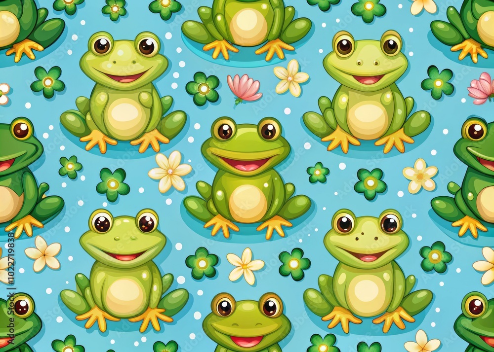 Fototapeta premium Cute Frog Seamless Pattern - Cartoon Animal Character Design for Backgrounds and Textiles