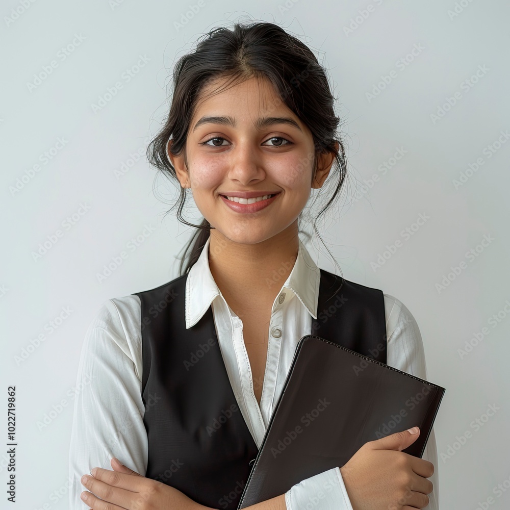 Happy and confident Indian Girl with a dark brown document case in her hand against White wall waiting in formal dress in office environment, Best Job Candidate Happy and confident Indian Girl with a dark brown document case in her hand against White wall waiting in formal dress in office environment, Best Job Candidate