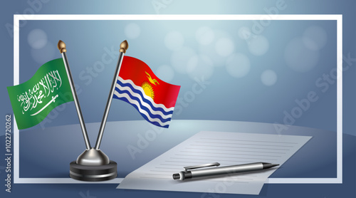 Saudi Arabia and Kiribati Small national flag on bokeh background, cooperative relationship