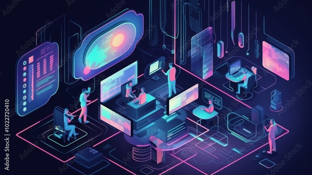 A group of people are working on a computer in a futuristic setting A group of people are working on a computer in a futuristic setting