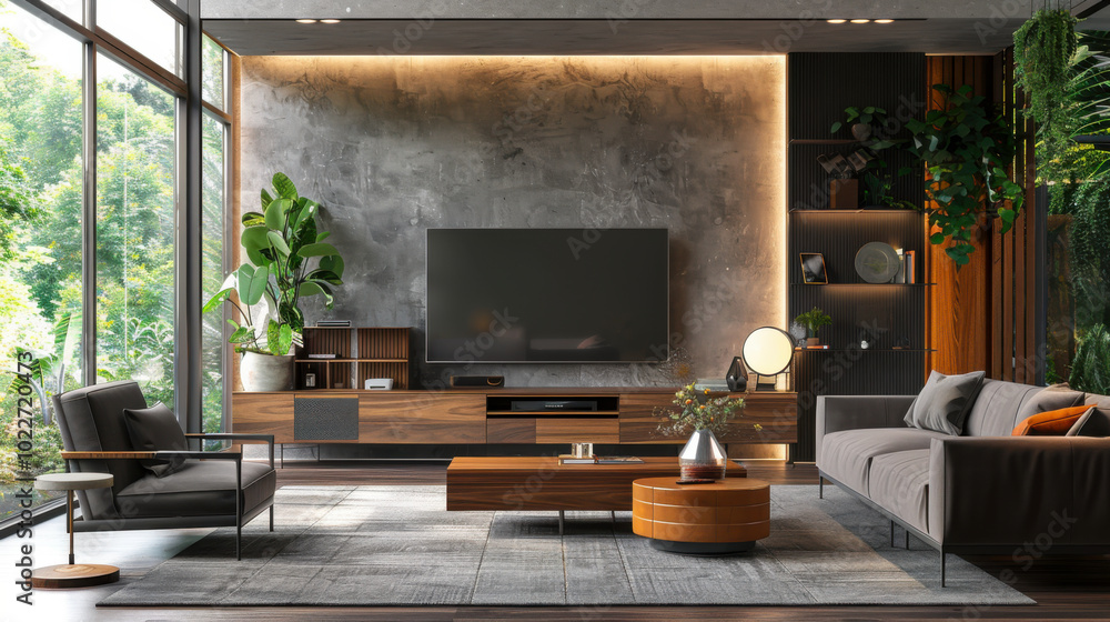 Fototapeta premium Modern living room interior with tv on wood cabinet