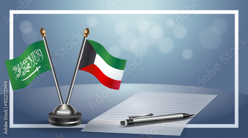 Saudi Arabia and Kuwait Small national flag on bokeh background, cooperative relationship