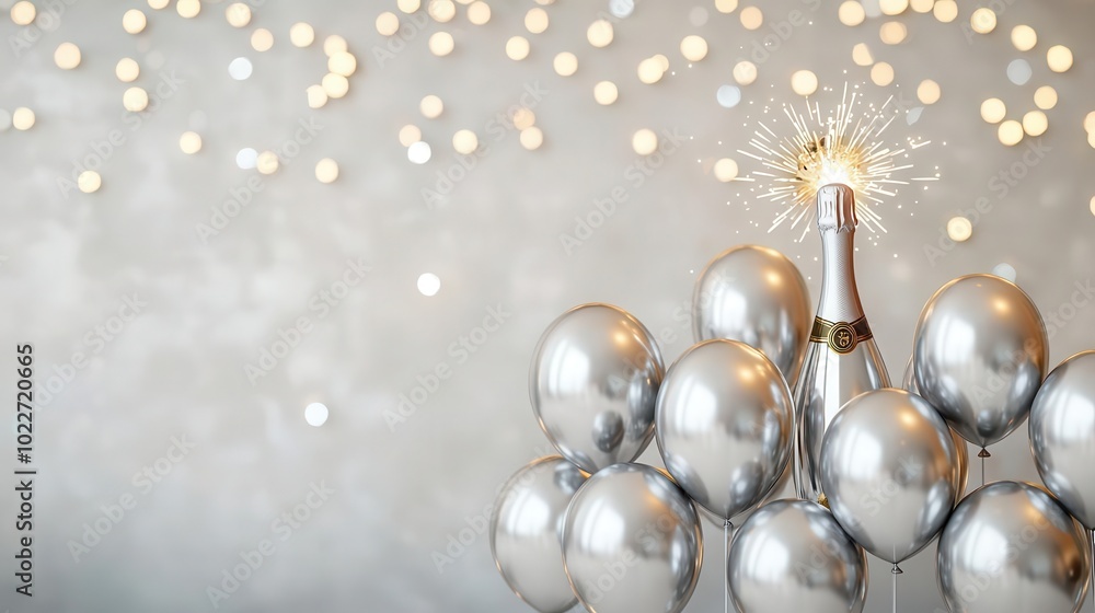 A festive scene featuring a champagne bottle surrounded by silver balloons against a shimmering background, perfect for celebrations and parties. A festive scene featuring a champagne bottle surrounded by silver balloons against a shimmering background, perfect for celebrations and parties.