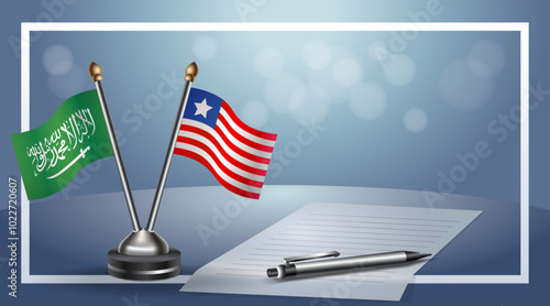 Saudi Arabia and Liberia Small national flag on bokeh background, cooperative relationship