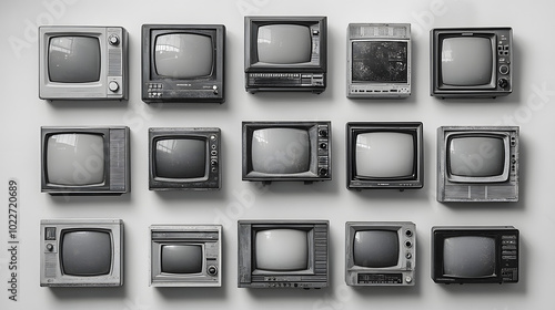 A wall of vintage black-and-white televisions showcases an array of retro designs, each with its unique shape and size. The televisions are arranged in a grid pattern, emphasizing the nostalgic feel o