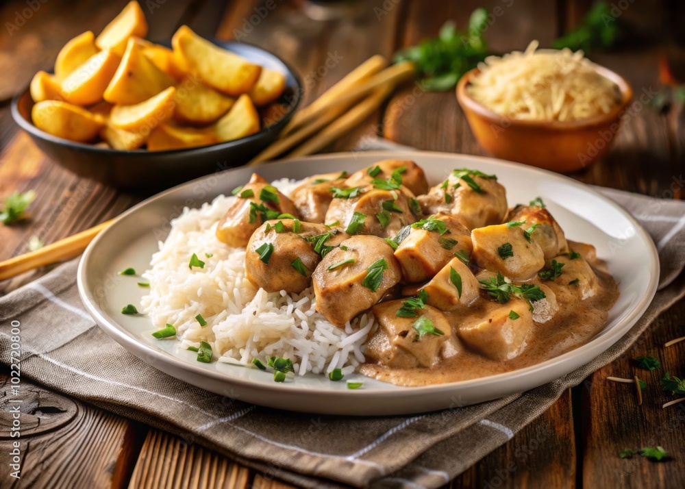 Delicious Chicken Stroganoff with Rice and Straw Potatoes - A Culinary Delight Delicious Chicken Stroganoff with Rice and Straw Potatoes - A Culinary Delight