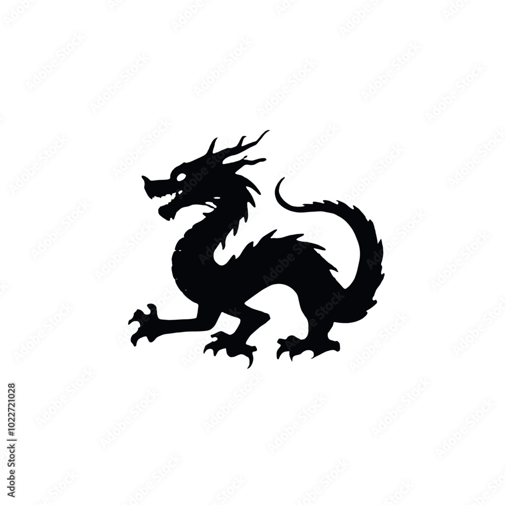 A black silhouette of a Chinese dragon with a long serpentine body, horns, and claws A black silhouette of a Chinese dragon with a long serpentine body, horns, and claws