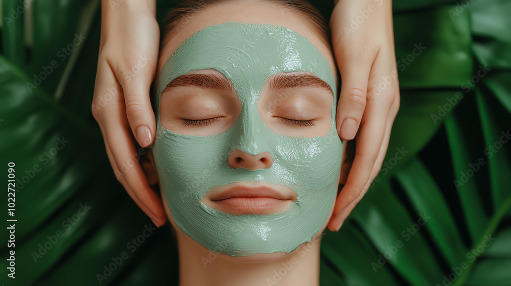 A serene woman receiving a green facial mask treatment surrounded by lush green leaves, emphasizing relaxation and self-care. A serene woman receiving a green facial mask treatment surrounded by lush green leaves, emphasizing relaxation and self-care.