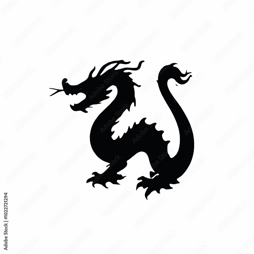 A black silhouette of a Chinese dragon with a long serpentine body, horns, and claws A black silhouette of a Chinese dragon with a long serpentine body, horns, and claws