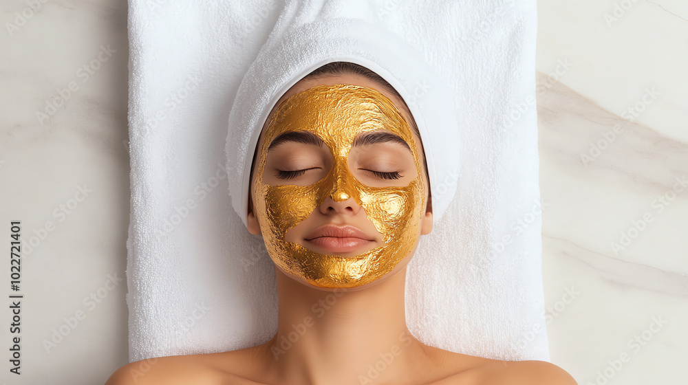 A serene woman relaxing with a gold facial mask, showcasing self-care and beauty treatments. The soft, soothing ambiance emphasizes relaxation and rejuvenation.