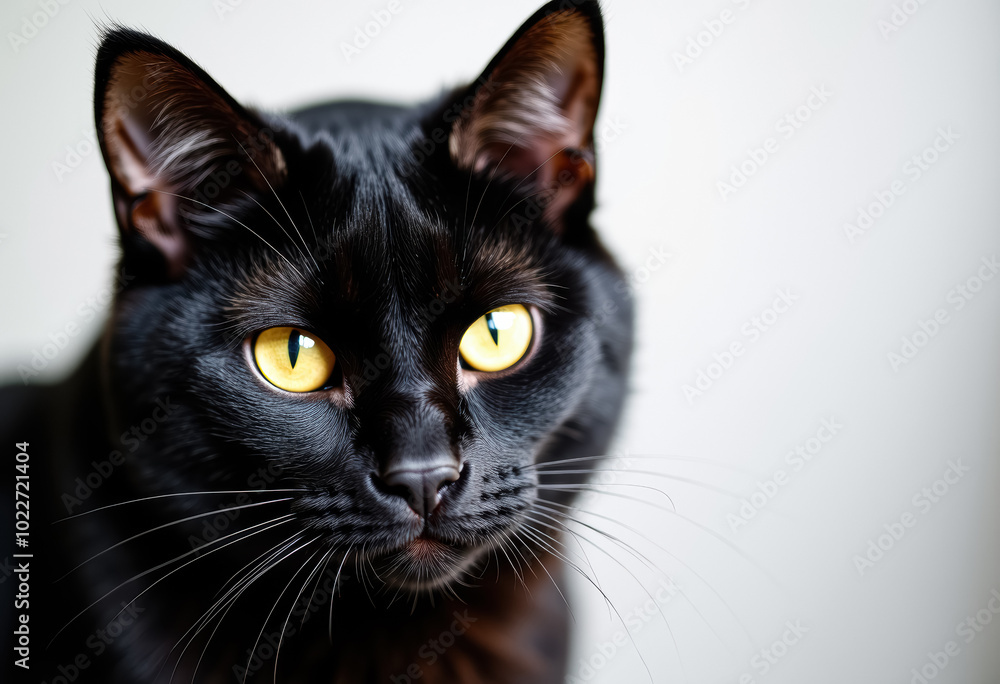 A focused black cat with bright yellow eyes and white whiskers on a simple background A focused black cat with bright yellow eyes and white whiskers on a simple background