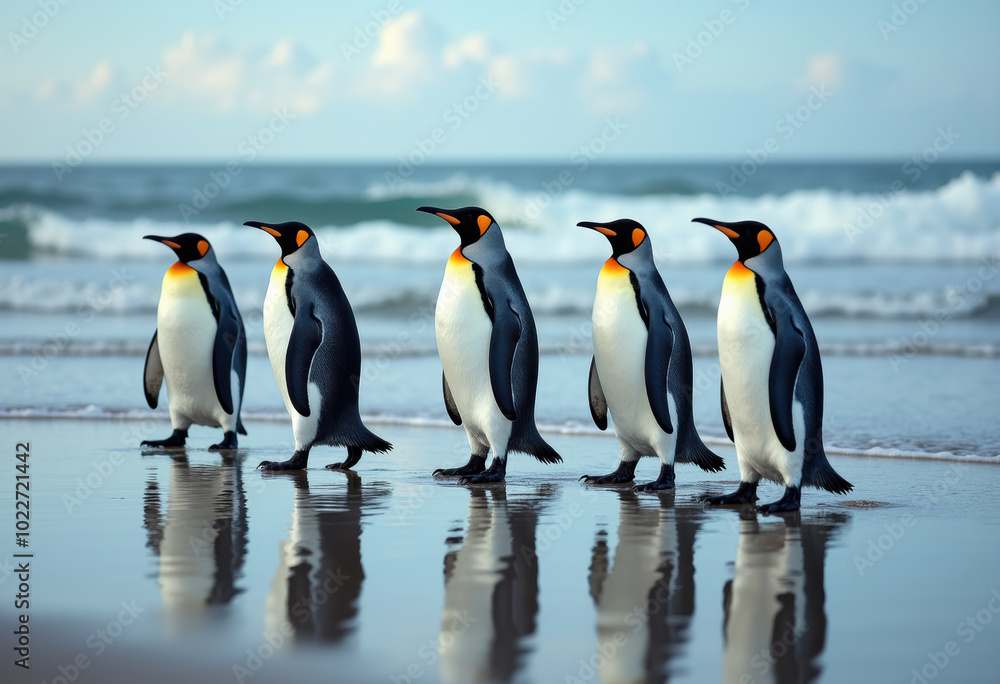 Obraz premium A group of penguins walking on a beach