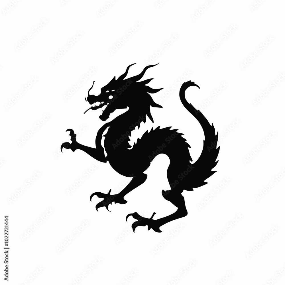 A black silhouette of a Chinese dragon with a long serpentine body, horns, and claws A black silhouette of a Chinese dragon with a long serpentine body, horns, and claws