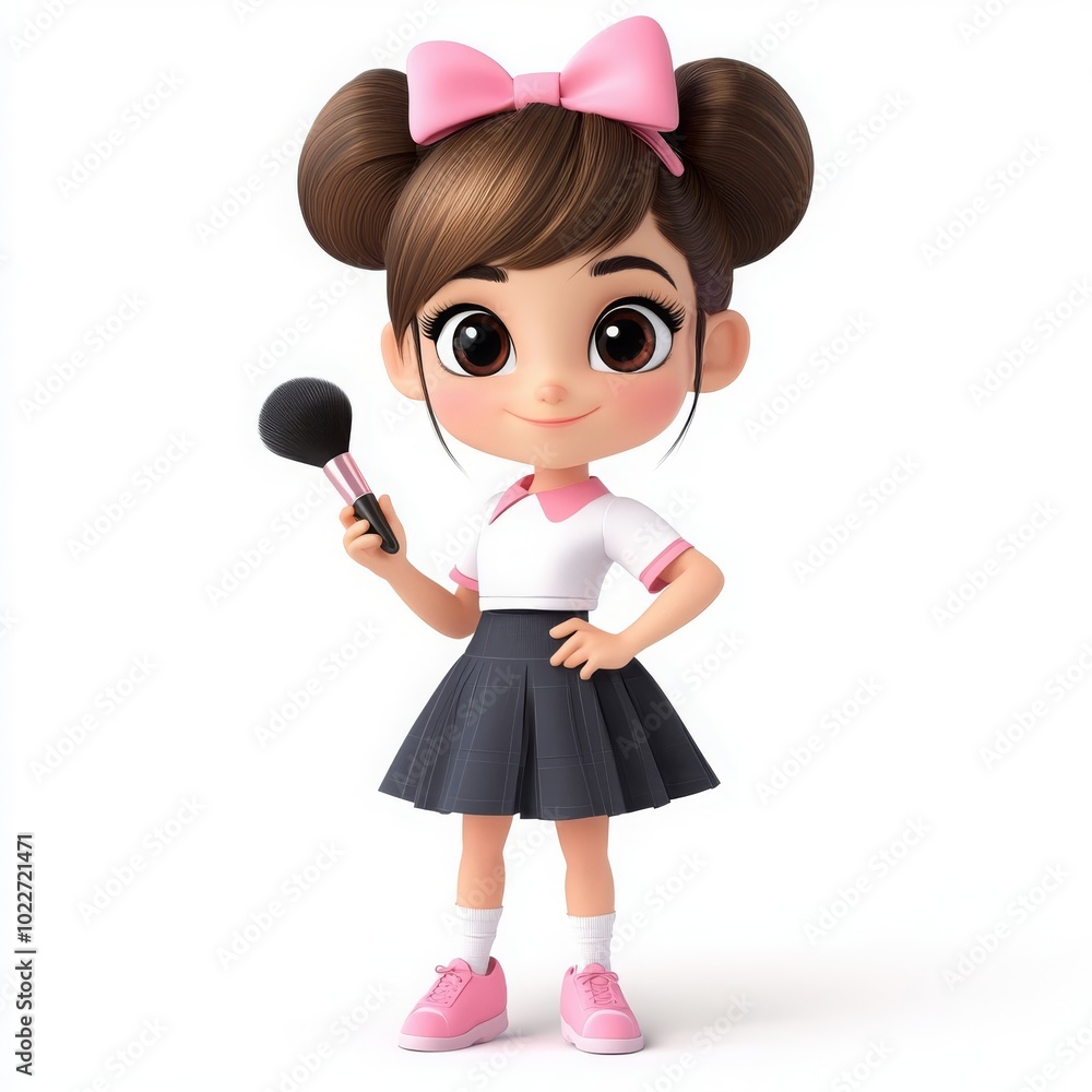 Stylish Cartoon Girl with Makeup Brush in Playful Outfit Stylish Cartoon Girl with Makeup Brush in Playful Outfit